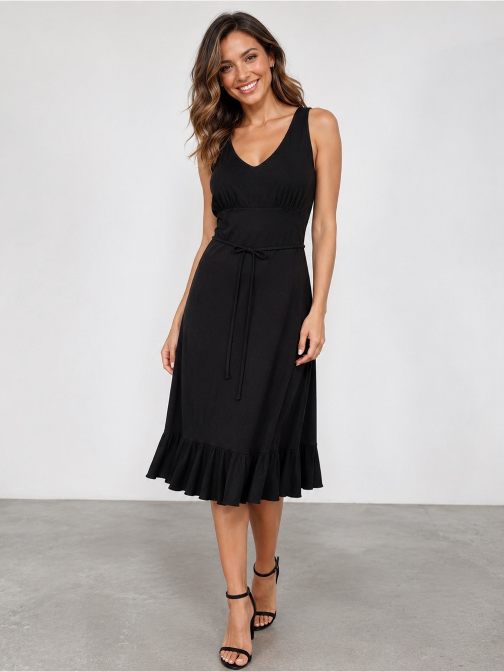 Studio Y Black Jersey V-Neck Ruffled Hem Dress